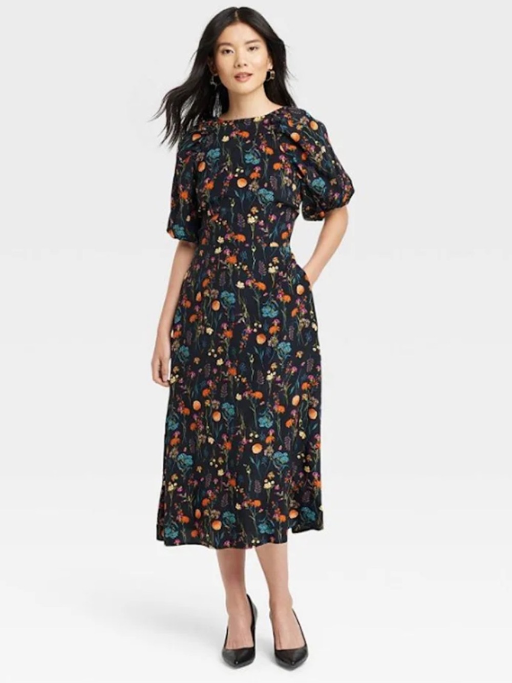 A New Day Floral Print Puff-Sleeve  Dress- Black with Multicolor Blooms size M